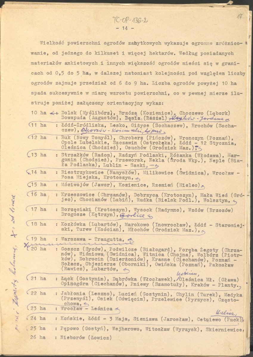 materiał roboczy, wg. opisu z obwoluty wydany drukiem w BMiOZ, seria B, t. XXIII, 1968, s. 153-168, na temat teorii i praktyki konserwatorskiej stosowanych w odniesieniu do różnych założeń ogrodowych i parków w ujęciu historycznym oraz zagadnień związanych z rekonstrukcją ogrodów zabytkowych, skan 17