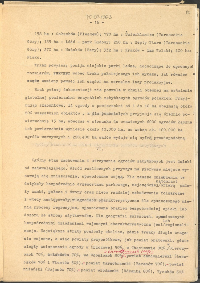 materiał roboczy, wg. opisu z obwoluty wydany drukiem w BMiOZ, seria B, t. XXIII, 1968, s. 153-168, na temat teorii i praktyki konserwatorskiej stosowanych w odniesieniu do różnych założeń ogrodowych i parków w ujęciu historycznym oraz zagadnień związanych z rekonstrukcją ogrodów zabytkowych, skan 20