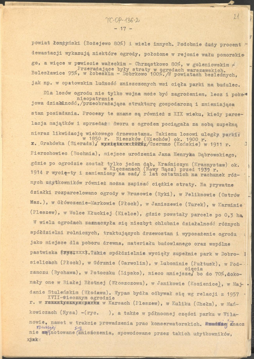 materiał roboczy, wg. opisu z obwoluty wydany drukiem w BMiOZ, seria B, t. XXIII, 1968, s. 153-168, na temat teorii i praktyki konserwatorskiej stosowanych w odniesieniu do różnych założeń ogrodowych i parków w ujęciu historycznym oraz zagadnień związanych z rekonstrukcją ogrodów zabytkowych, skan 21