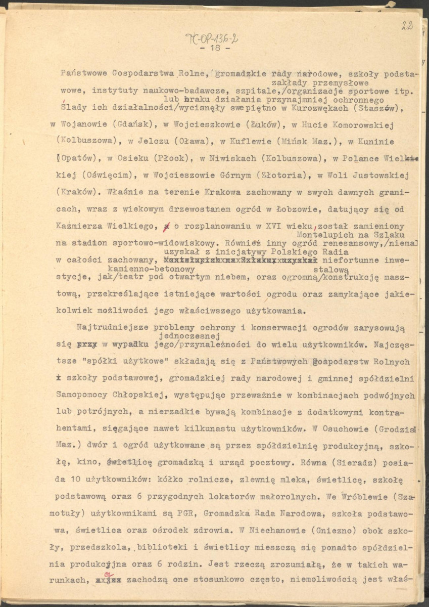 materiał roboczy, wg. opisu z obwoluty wydany drukiem w BMiOZ, seria B, t. XXIII, 1968, s. 153-168, na temat teorii i praktyki konserwatorskiej stosowanych w odniesieniu do różnych założeń ogrodowych i parków w ujęciu historycznym oraz zagadnień związanych z rekonstrukcją ogrodów zabytkowych, skan 22