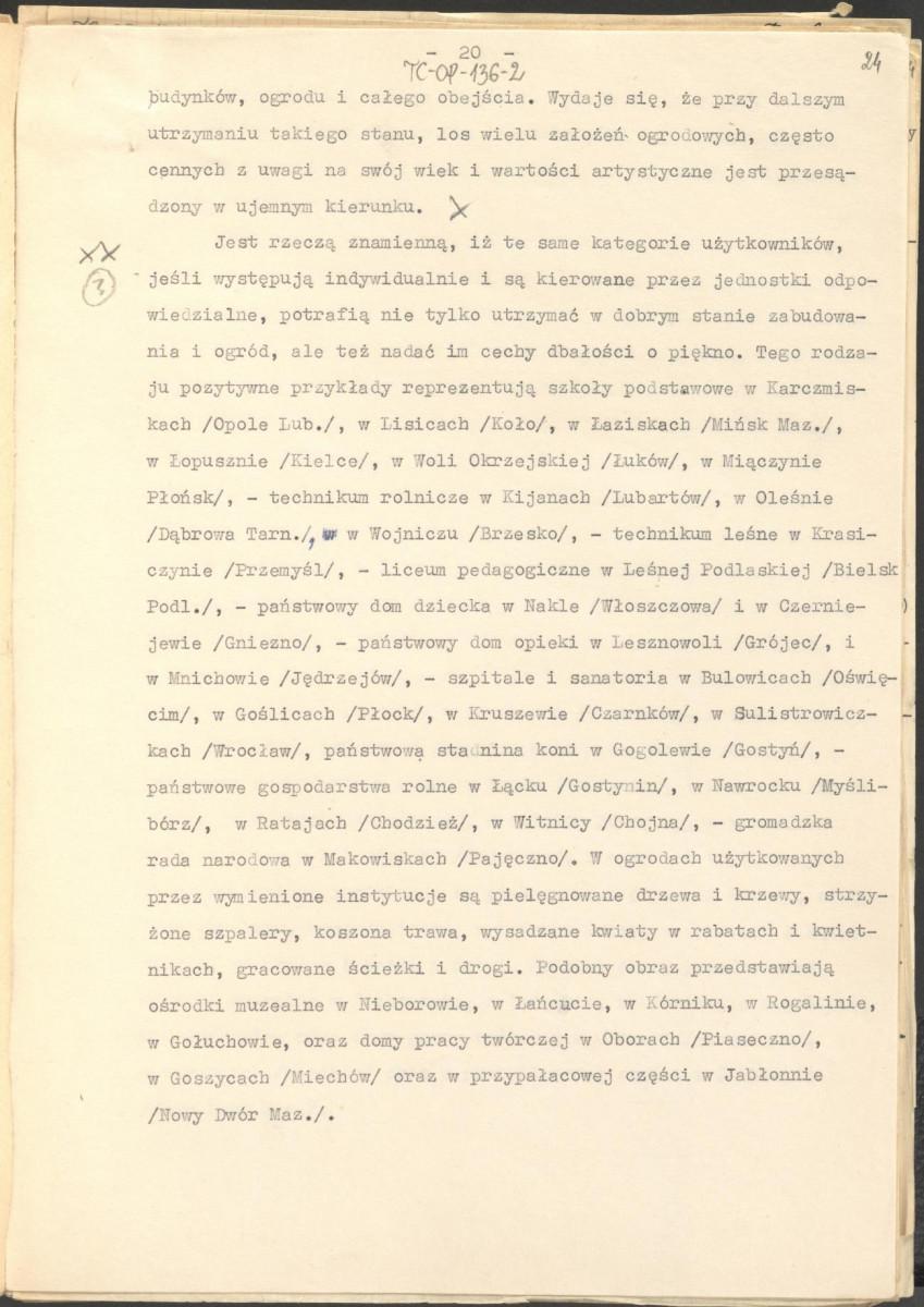 materiał roboczy, wg. opisu z obwoluty wydany drukiem w BMiOZ, seria B, t. XXIII, 1968, s. 153-168, na temat teorii i praktyki konserwatorskiej stosowanych w odniesieniu do różnych założeń ogrodowych i parków w ujęciu historycznym oraz zagadnień związanych z rekonstrukcją ogrodów zabytkowych, skan 24