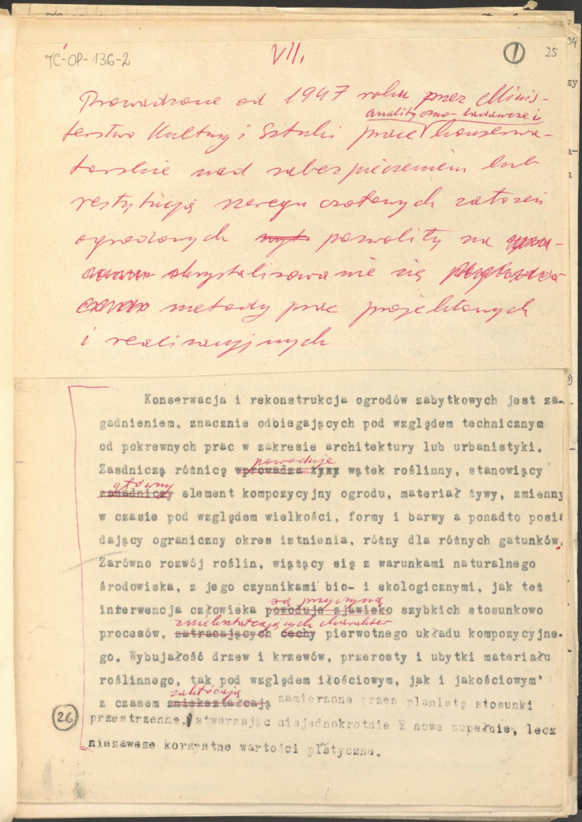 materiał roboczy, wg. opisu z obwoluty wydany drukiem w BMiOZ, seria B, t. XXIII, 1968, s. 153-168, na temat teorii i praktyki konserwatorskiej stosowanych w odniesieniu do różnych założeń ogrodowych i parków w ujęciu historycznym oraz zagadnień związanych z rekonstrukcją ogrodów zabytkowych, skan 26