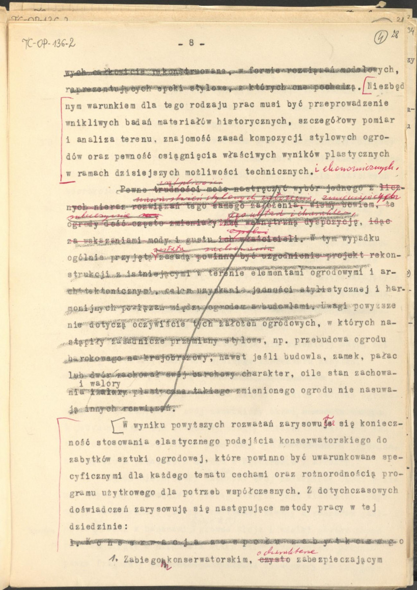 materiał roboczy, wg. opisu z obwoluty wydany drukiem w BMiOZ, seria B, t. XXIII, 1968, s. 153-168, na temat teorii i praktyki konserwatorskiej stosowanych w odniesieniu do różnych założeń ogrodowych i parków w ujęciu historycznym oraz zagadnień związanych z rekonstrukcją ogrodów zabytkowych, skan 29