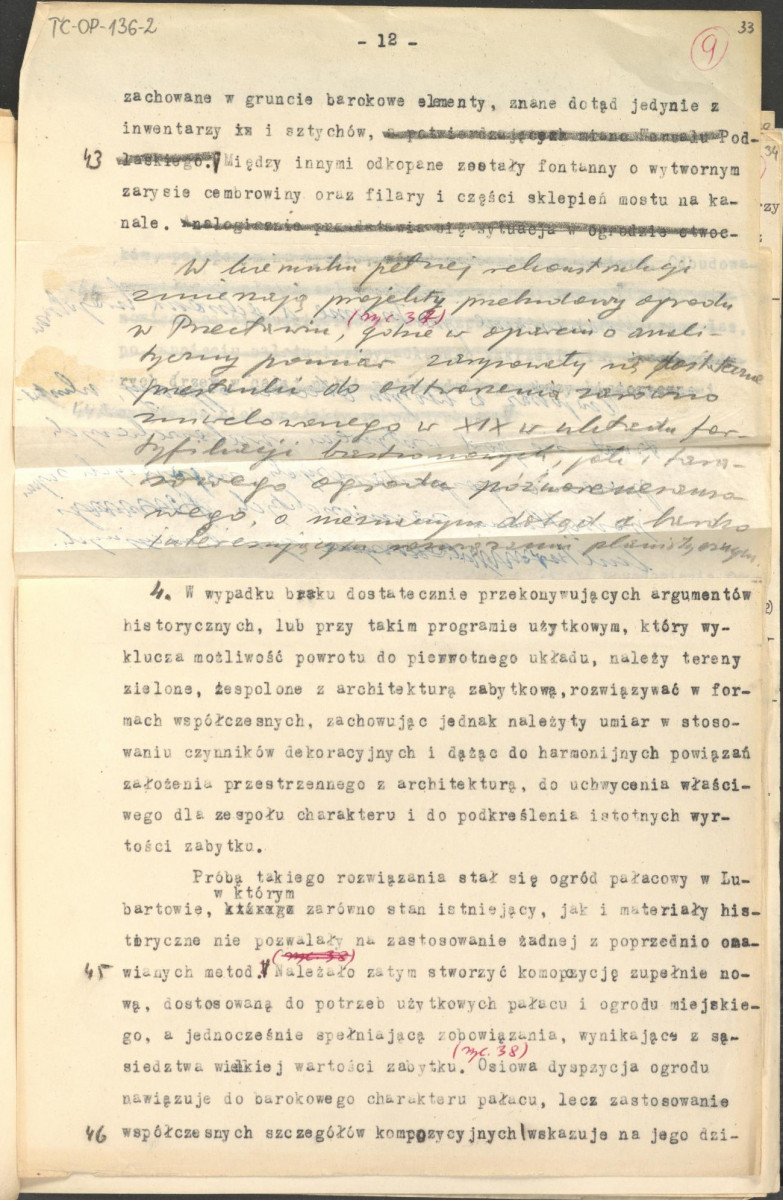 materiał roboczy, wg. opisu z obwoluty wydany drukiem w BMiOZ, seria B, t. XXIII, 1968, s. 153-168, na temat teorii i praktyki konserwatorskiej stosowanych w odniesieniu do różnych założeń ogrodowych i parków w ujęciu historycznym oraz zagadnień związanych z rekonstrukcją ogrodów zabytkowych, skan 34