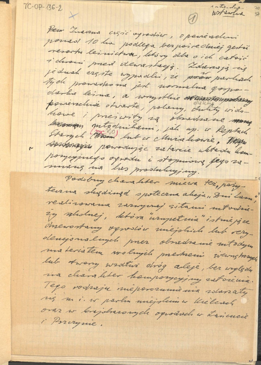 materiał roboczy, wg. opisu z obwoluty wydany drukiem w BMiOZ, seria B, t. XXIII, 1968, s. 153-168, na temat teorii i praktyki konserwatorskiej stosowanych w odniesieniu do różnych założeń ogrodowych i parków w ujęciu historycznym oraz zagadnień związanych z rekonstrukcją ogrodów zabytkowych, skan 38