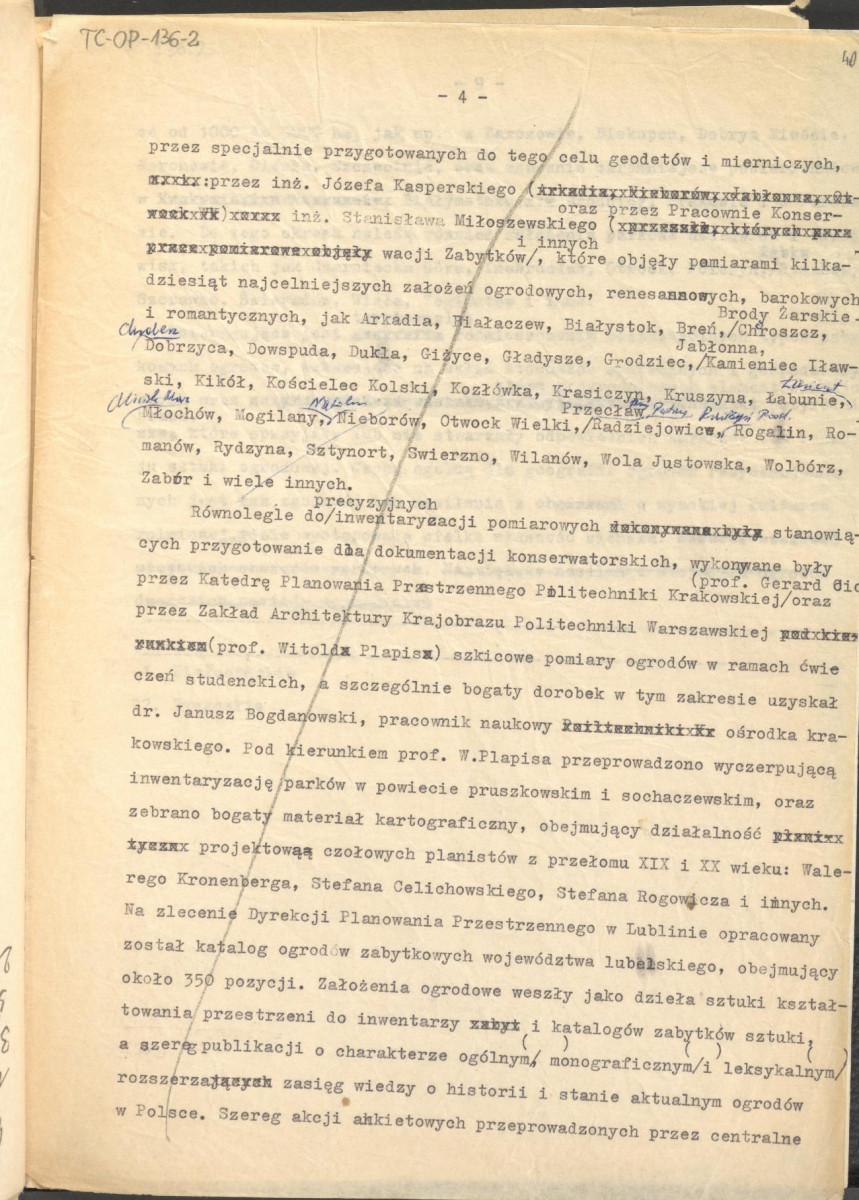materiał roboczy, wg. opisu z obwoluty wydany drukiem w BMiOZ, seria B, t. XXIII, 1968, s. 153-168, na temat teorii i praktyki konserwatorskiej stosowanych w odniesieniu do różnych założeń ogrodowych i parków w ujęciu historycznym oraz zagadnień związanych z rekonstrukcją ogrodów zabytkowych, skan 41