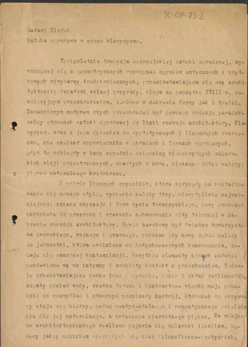 tekst, materiał roboczy pt. "Sztuka ogrodowa w epoce klasycyzmu", skan 1