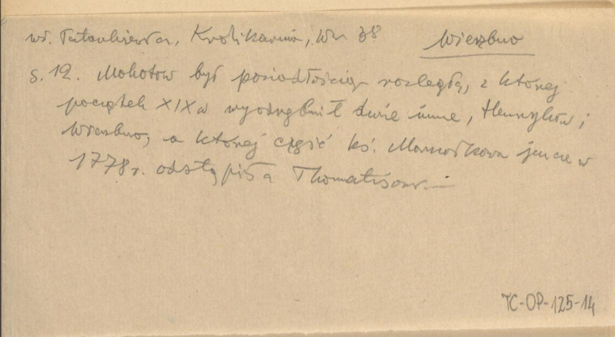 wypis z pracy Tatarkiewicz W., Królikarnia: analiza i dzieje, Warszawa 1938 zwięzła notatka na temat historii własności Wierzbna, skan 1