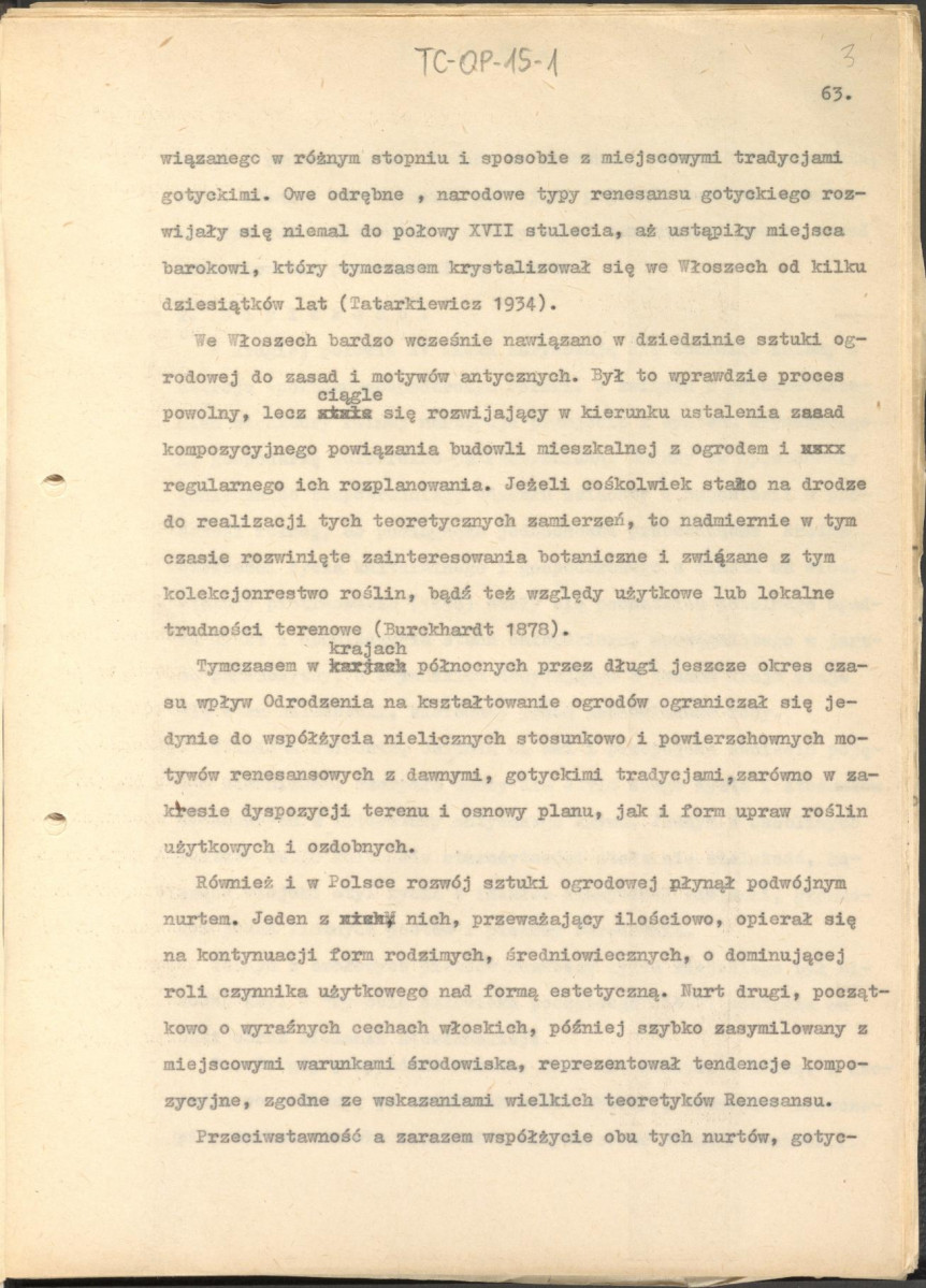 tekst zatytuowany: "Odrodzenie i wczesny barok 1450-1650" - 2 egzemplarze; materiał wydany w "Ogrody Polskie", wyd. Budownictwo i Architektura (1954), s. 23-48, skan 3
