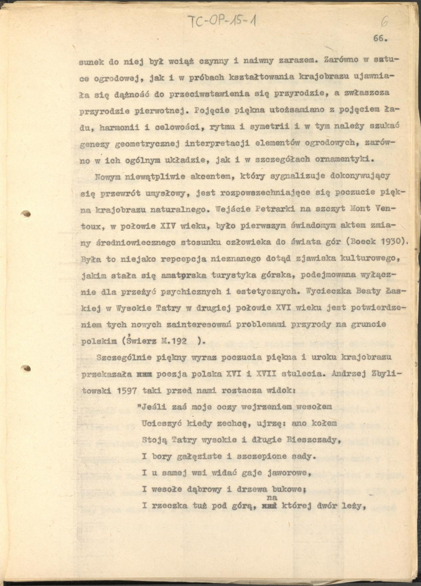tekst zatytuowany: "Odrodzenie i wczesny barok 1450-1650" - 2 egzemplarze; materiał wydany w "Ogrody Polskie", wyd. Budownictwo i Architektura (1954), s. 23-48, skan 6