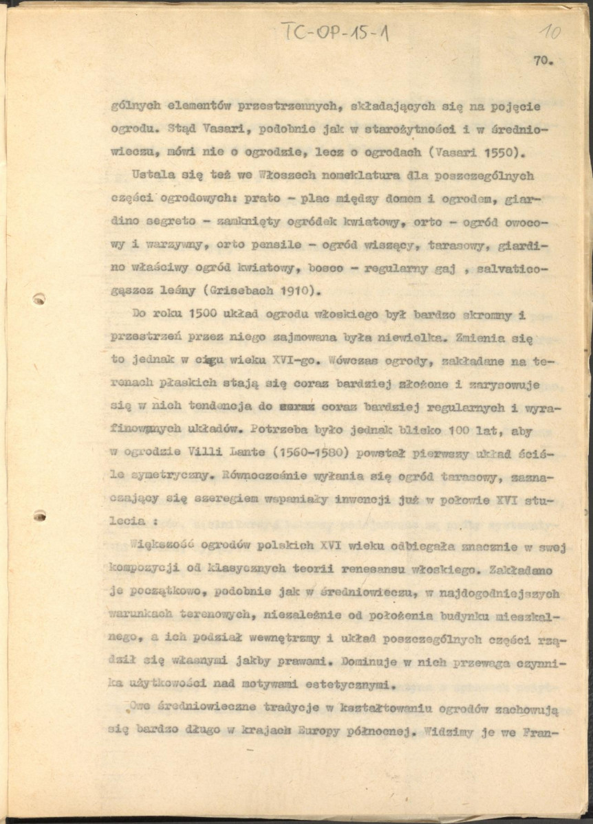 tekst zatytuowany: "Odrodzenie i wczesny barok 1450-1650" - 2 egzemplarze; materiał wydany w "Ogrody Polskie", wyd. Budownictwo i Architektura (1954), s. 23-48, skan 10
