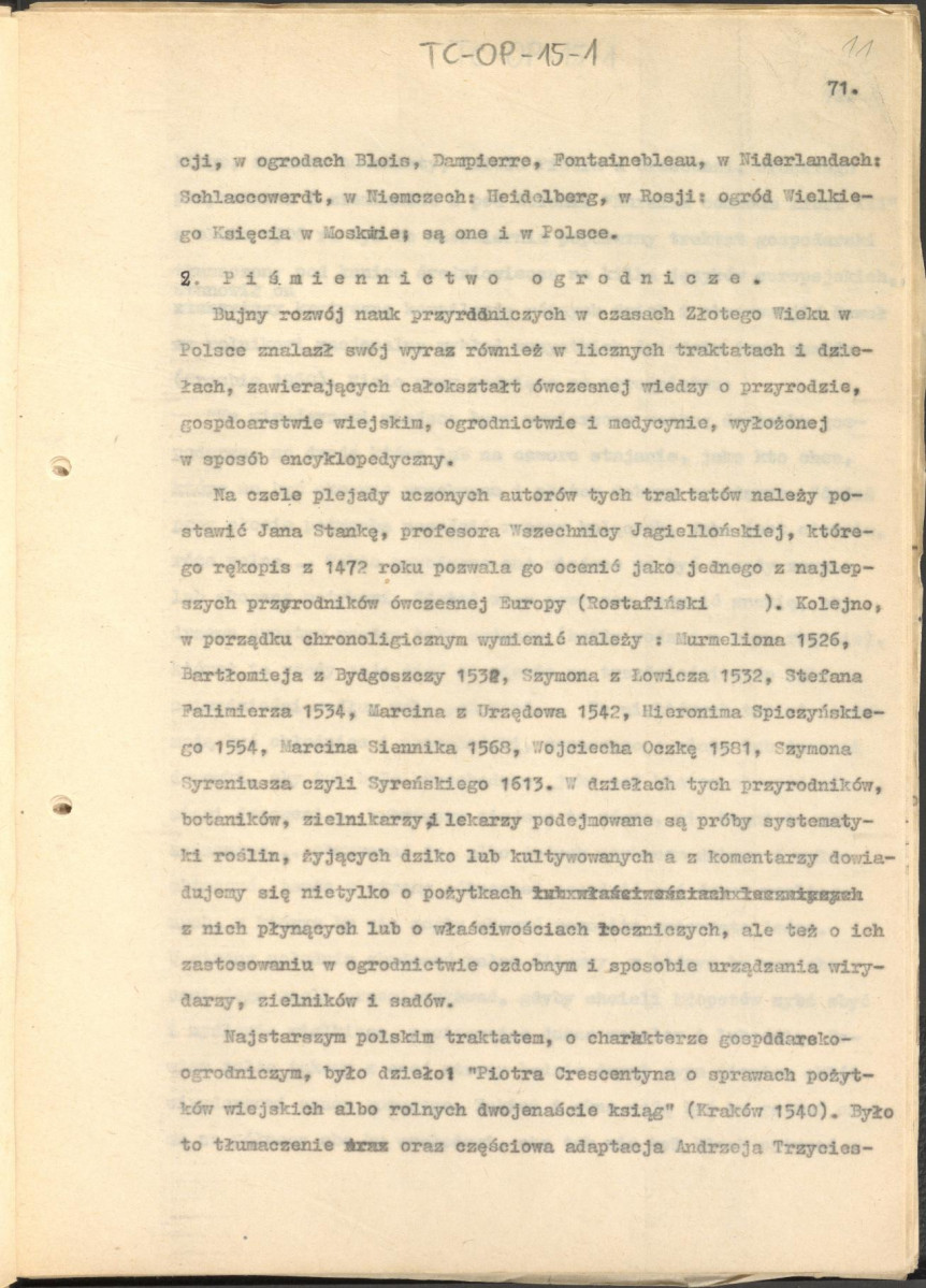 tekst zatytuowany: "Odrodzenie i wczesny barok 1450-1650" - 2 egzemplarze; materiał wydany w "Ogrody Polskie", wyd. Budownictwo i Architektura (1954), s. 23-48, skan 11