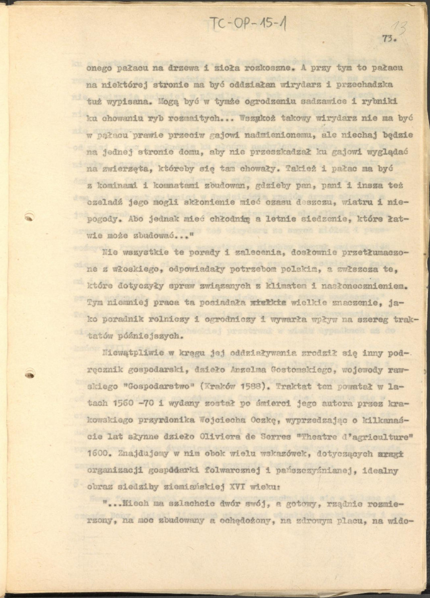 tekst zatytuowany: "Odrodzenie i wczesny barok 1450-1650" - 2 egzemplarze; materiał wydany w "Ogrody Polskie", wyd. Budownictwo i Architektura (1954), s. 23-48, skan 13