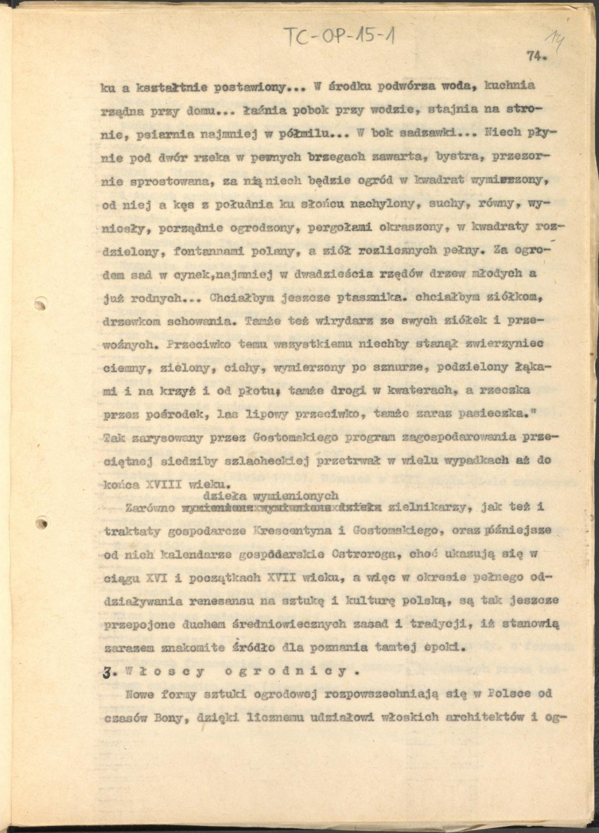 tekst zatytuowany: "Odrodzenie i wczesny barok 1450-1650" - 2 egzemplarze; materiał wydany w "Ogrody Polskie", wyd. Budownictwo i Architektura (1954), s. 23-48, skan 14