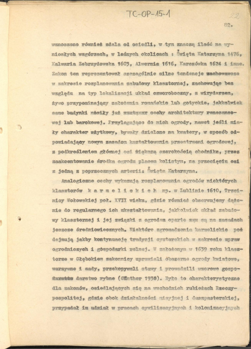 tekst zatytuowany: "Odrodzenie i wczesny barok 1450-1650" - 2 egzemplarze; materiał wydany w "Ogrody Polskie", wyd. Budownictwo i Architektura (1954), s. 23-48, skan 22