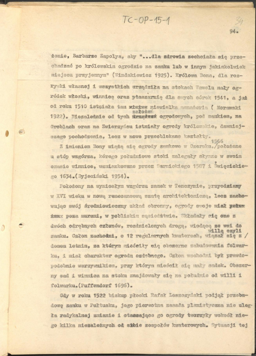 tekst zatytuowany: "Odrodzenie i wczesny barok 1450-1650" - 2 egzemplarze; materiał wydany w "Ogrody Polskie", wyd. Budownictwo i Architektura (1954), s. 23-48, skan 34
