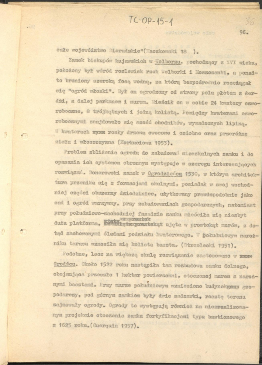 tekst zatytuowany: "Odrodzenie i wczesny barok 1450-1650" - 2 egzemplarze; materiał wydany w "Ogrody Polskie", wyd. Budownictwo i Architektura (1954), s. 23-48, skan 36