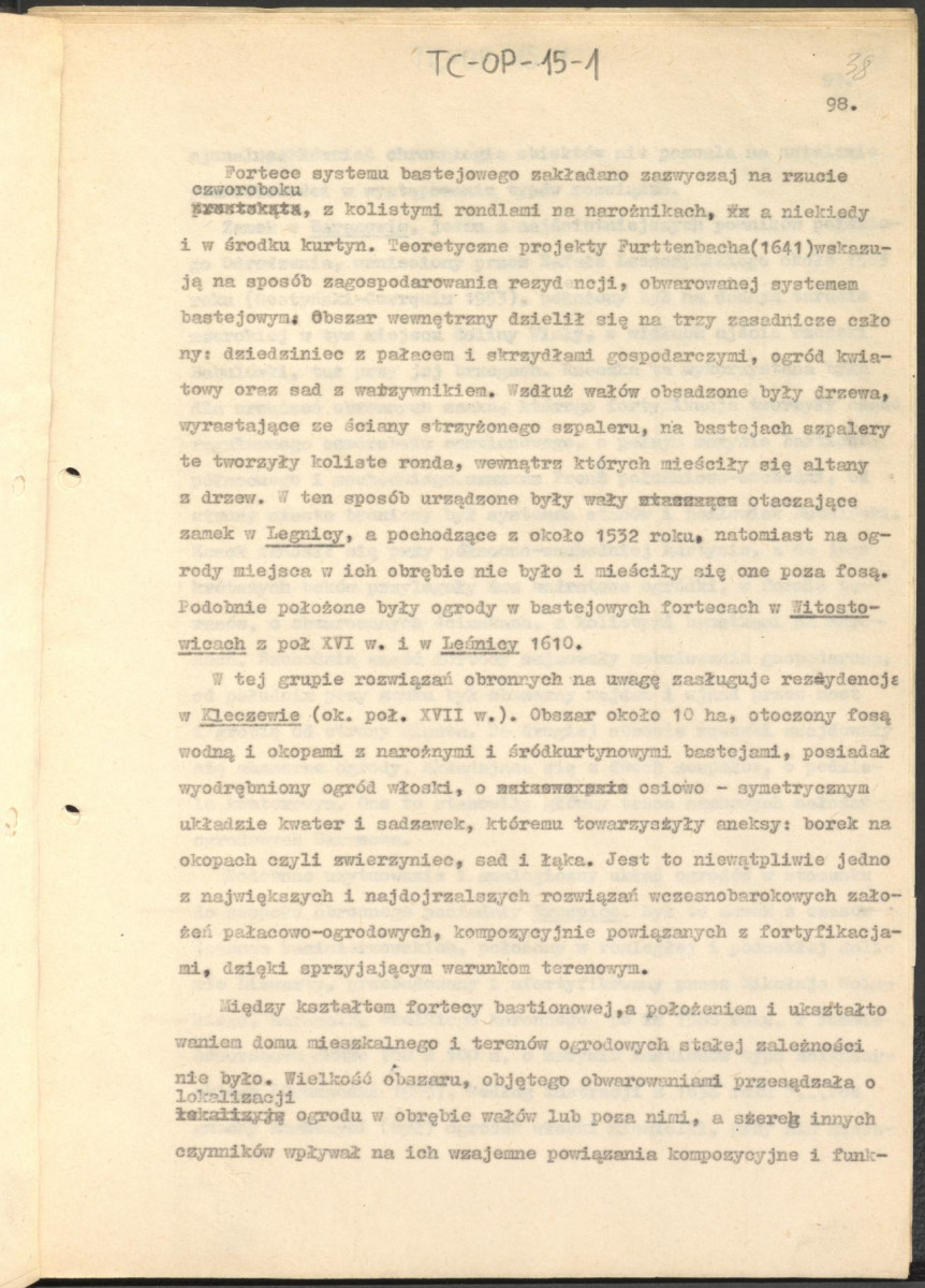 tekst zatytuowany: "Odrodzenie i wczesny barok 1450-1650" - 2 egzemplarze; materiał wydany w "Ogrody Polskie", wyd. Budownictwo i Architektura (1954), s. 23-48, skan 38