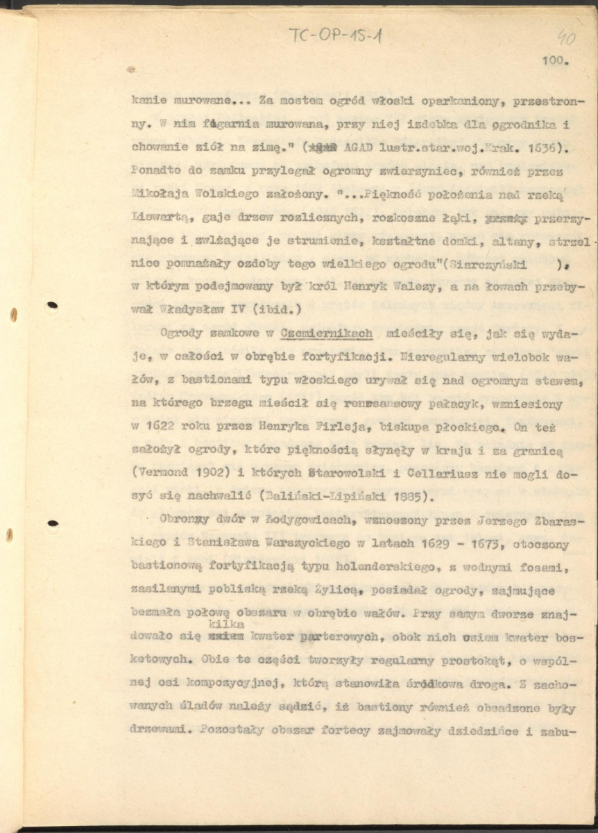 tekst zatytuowany: "Odrodzenie i wczesny barok 1450-1650" - 2 egzemplarze; materiał wydany w "Ogrody Polskie", wyd. Budownictwo i Architektura (1954), s. 23-48, skan 40
