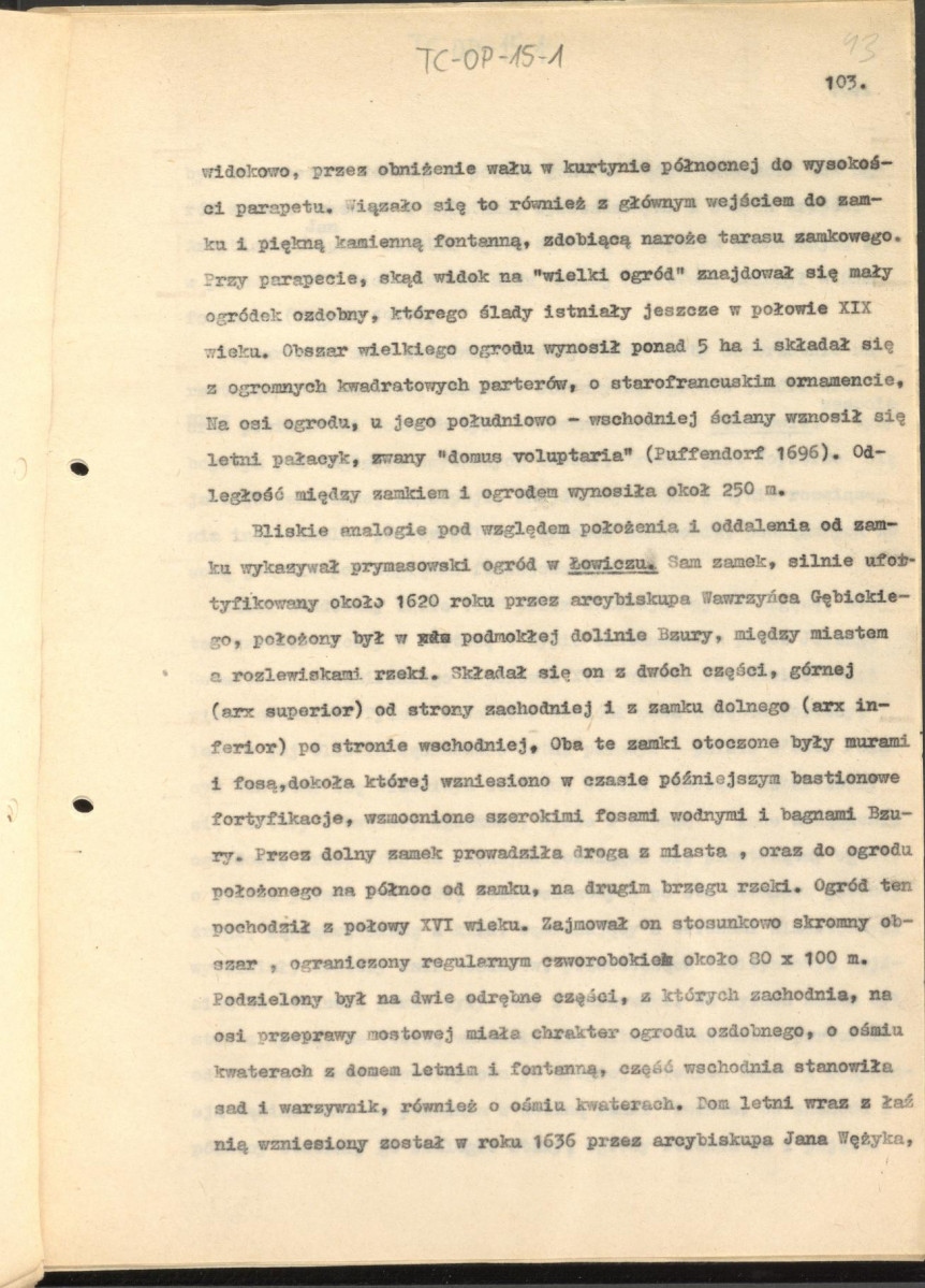 tekst zatytuowany: "Odrodzenie i wczesny barok 1450-1650" - 2 egzemplarze; materiał wydany w "Ogrody Polskie", wyd. Budownictwo i Architektura (1954), s. 23-48, skan 43