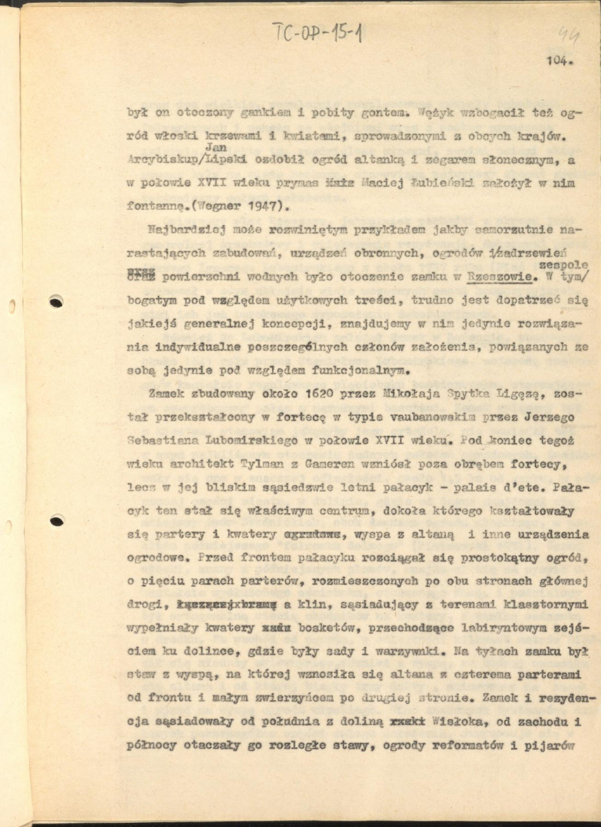 tekst zatytuowany: "Odrodzenie i wczesny barok 1450-1650" - 2 egzemplarze; materiał wydany w "Ogrody Polskie", wyd. Budownictwo i Architektura (1954), s. 23-48, skan 44