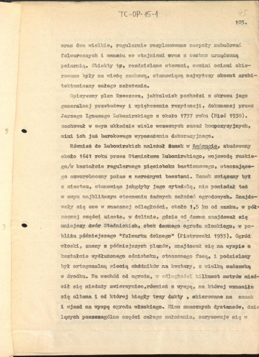 tekst zatytuowany: "Odrodzenie i wczesny barok 1450-1650" - 2 egzemplarze; materiał wydany w "Ogrody Polskie", wyd. Budownictwo i Architektura (1954), s. 23-48, skan 45