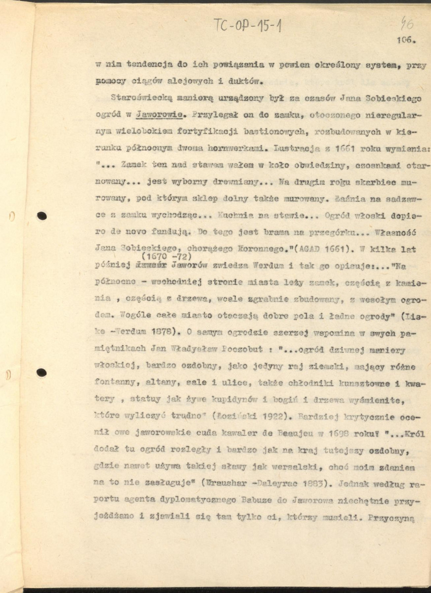 tekst zatytuowany: "Odrodzenie i wczesny barok 1450-1650" - 2 egzemplarze; materiał wydany w "Ogrody Polskie", wyd. Budownictwo i Architektura (1954), s. 23-48, skan 46