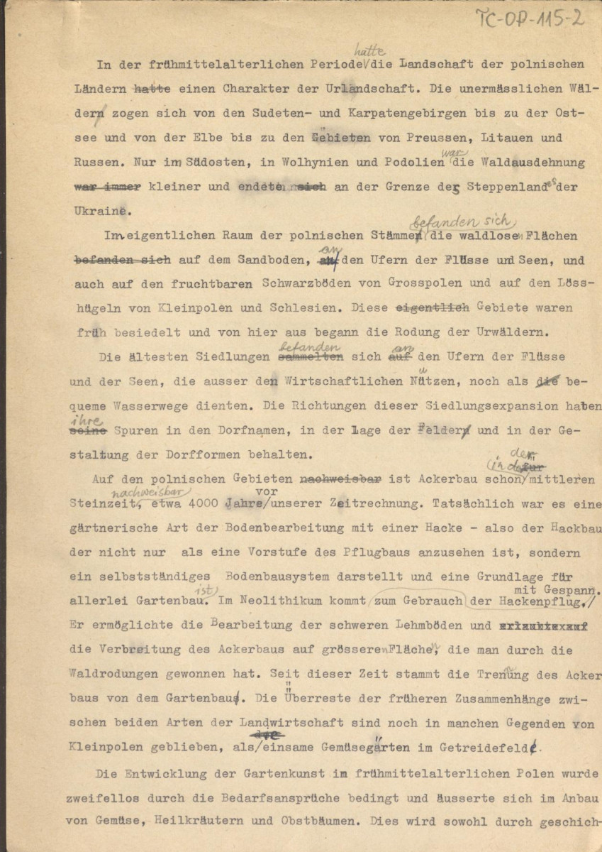 referat w formie tekstu z naniesionymi poprawkami, przygotowany w języku niemieckim (bez tytułu) na temat historii ogrodów w Polsce, skan 1
