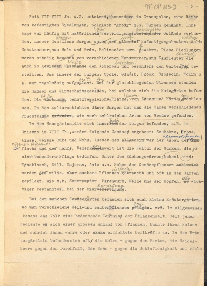 referat w formie tekstu z naniesionymi poprawkami, przygotowany w języku niemieckim (bez tytułu) na temat historii ogrodów w Polsce, skan 3