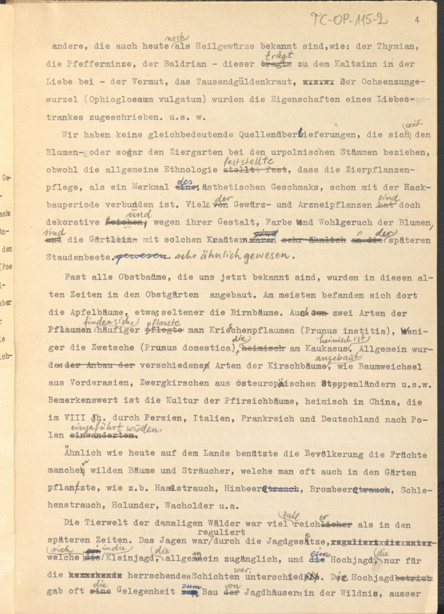 referat w formie tekstu z naniesionymi poprawkami, przygotowany w języku niemieckim (bez tytułu) na temat historii ogrodów w Polsce, skan 5