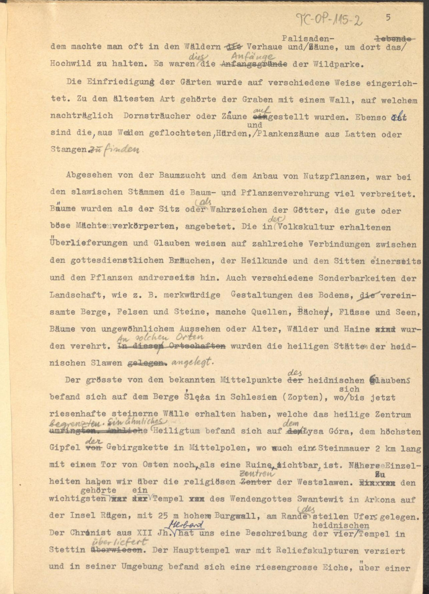 referat w formie tekstu z naniesionymi poprawkami, przygotowany w języku niemieckim (bez tytułu) na temat historii ogrodów w Polsce, skan 6