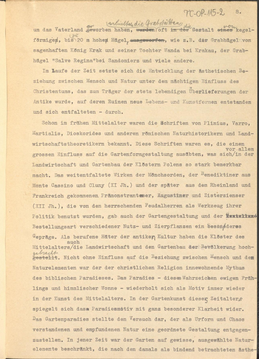 referat w formie tekstu z naniesionymi poprawkami, przygotowany w języku niemieckim (bez tytułu) na temat historii ogrodów w Polsce, skan 9