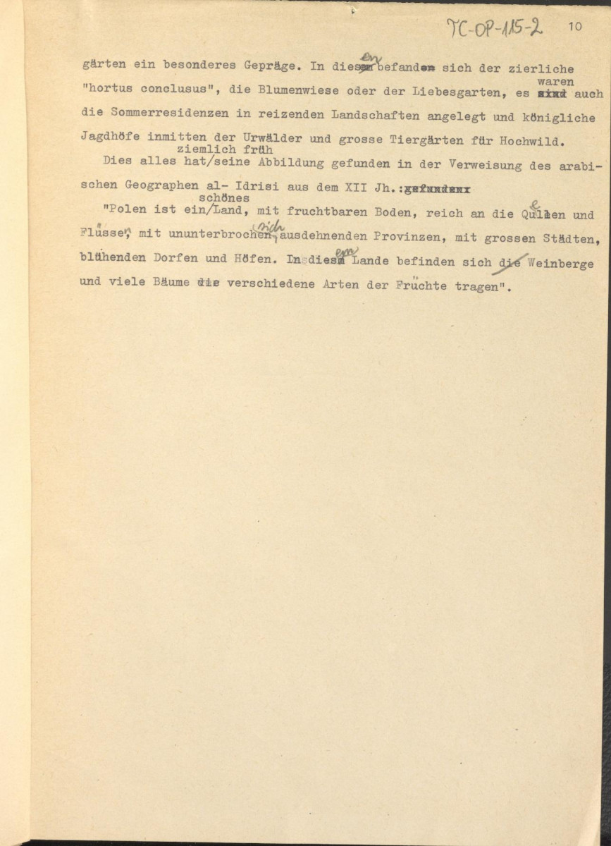referat w formie tekstu z naniesionymi poprawkami, przygotowany w języku niemieckim (bez tytułu) na temat historii ogrodów w Polsce, skan 11
