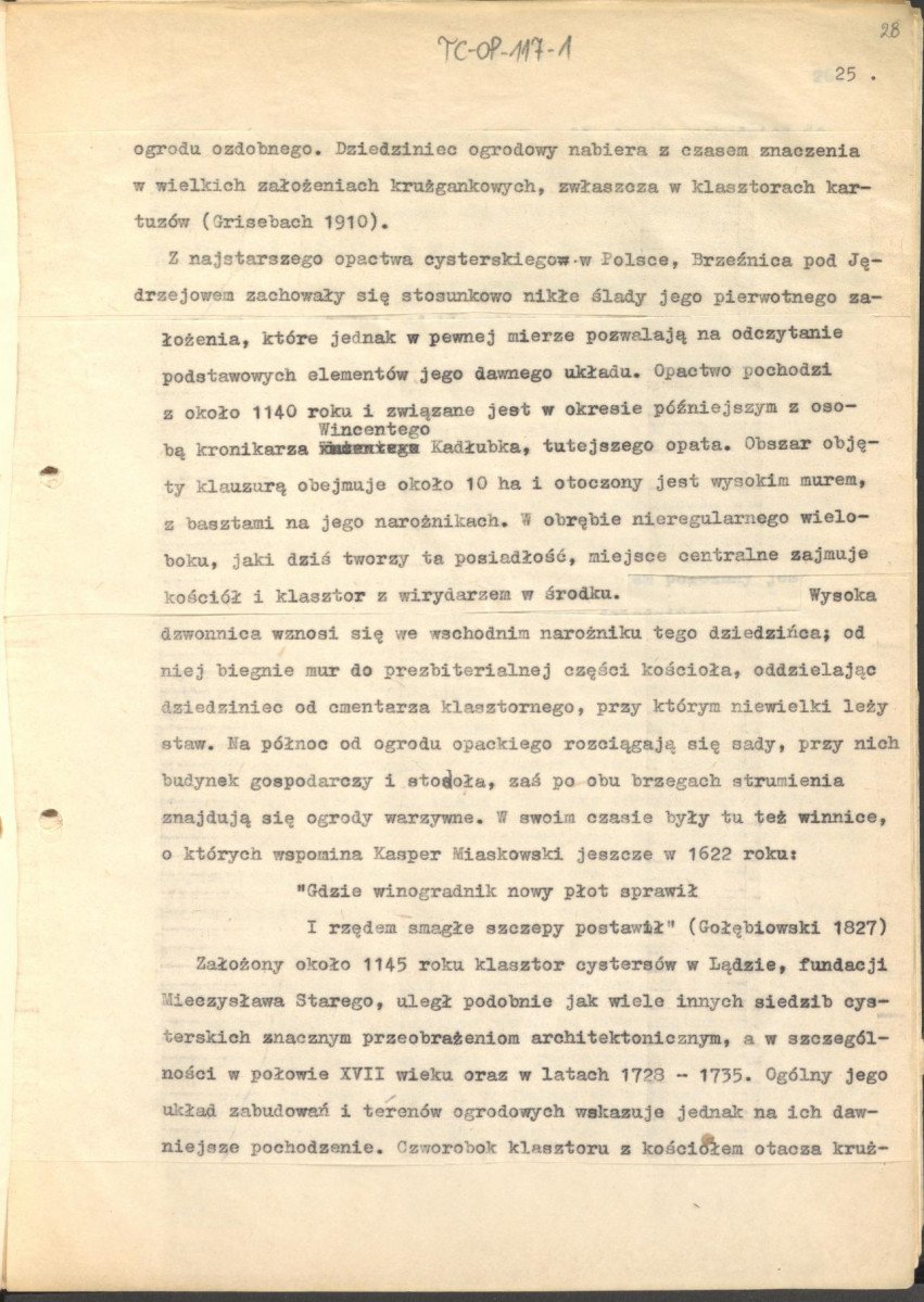 tekst (luźne strony), spójny materiał roboczy przeznaczony i wykorzystany w publikacji, pt.: "X wieków ogrodów polskich, część I - Średniowiecze X-XV w.", skan 27