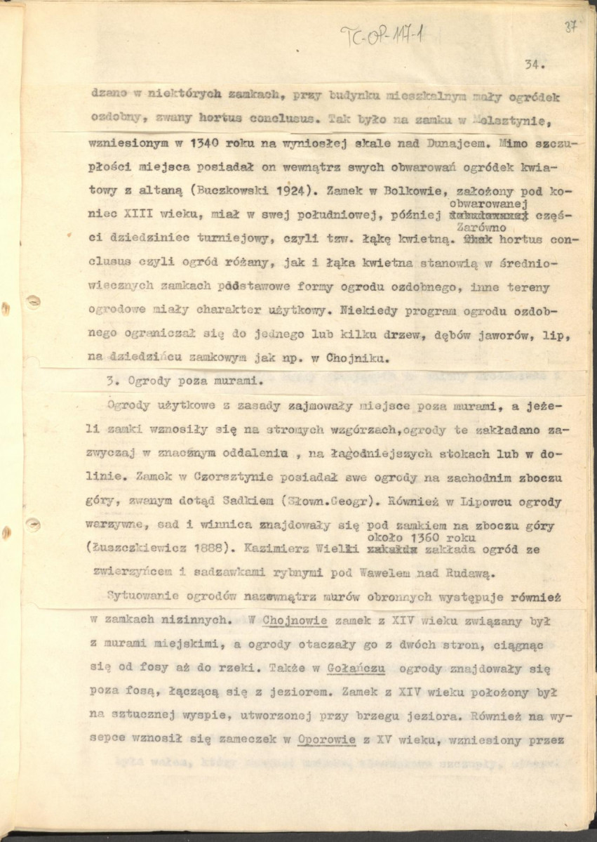 tekst (luźne strony), spójny materiał roboczy przeznaczony i wykorzystany w publikacji, pt.: "X wieków ogrodów polskich, część I - Średniowiecze X-XV w.", skan 36