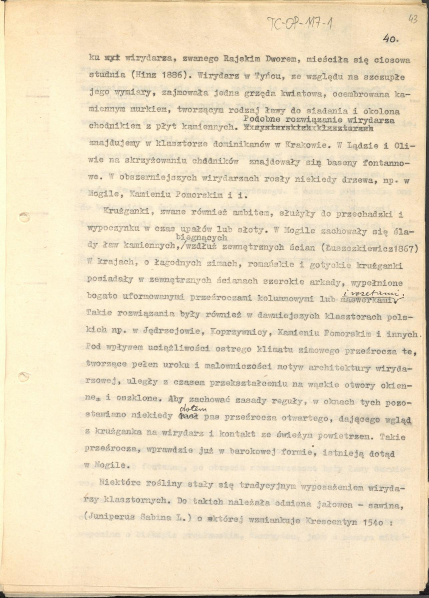 tekst (luźne strony), spójny materiał roboczy przeznaczony i wykorzystany w publikacji, pt.: "X wieków ogrodów polskich, część I - Średniowiecze X-XV w.", skan 42