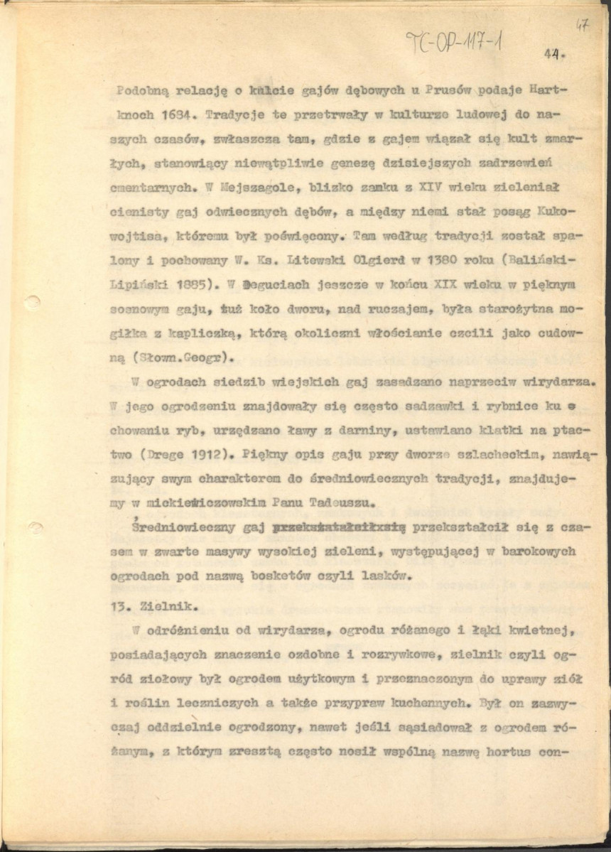 tekst (luźne strony), spójny materiał roboczy przeznaczony i wykorzystany w publikacji, pt.: "X wieków ogrodów polskich, część I - Średniowiecze X-XV w.", skan 46