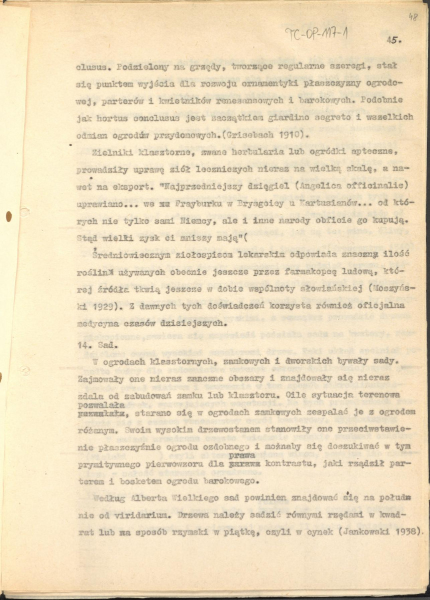 tekst (luźne strony), spójny materiał roboczy przeznaczony i wykorzystany w publikacji, pt.: "X wieków ogrodów polskich, część I - Średniowiecze X-XV w.", skan 47