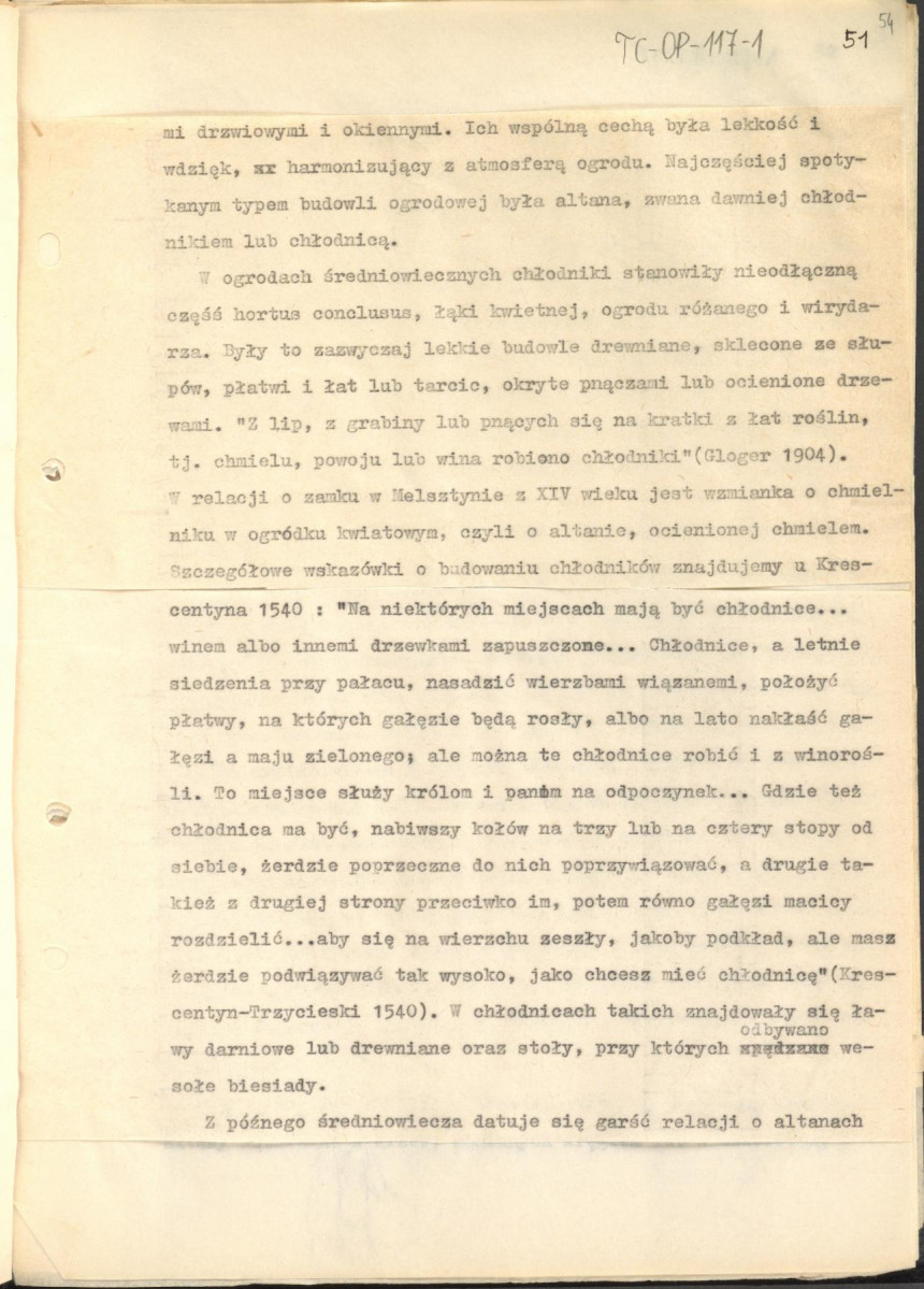 tekst (luźne strony), spójny materiał roboczy przeznaczony i wykorzystany w publikacji, pt.: "X wieków ogrodów polskich, część I - Średniowiecze X-XV w.", skan 53