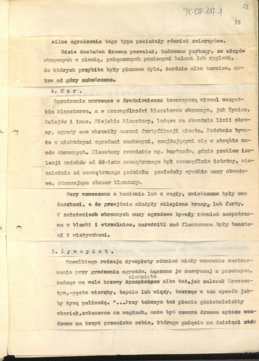 tekst (luźne strony), spójny materiał roboczy przeznaczony i wykorzystany w publikacji, pt.: "X wieków ogrodów polskich, część I - Średniowiecze X-XV w.", skan 61