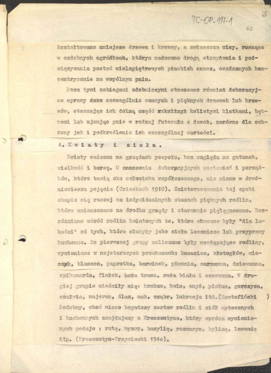 tekst (luźne strony), spójny materiał roboczy przeznaczony i wykorzystany w publikacji, pt.: "X wieków ogrodów polskich, część I - Średniowiecze X-XV w.", skan 64