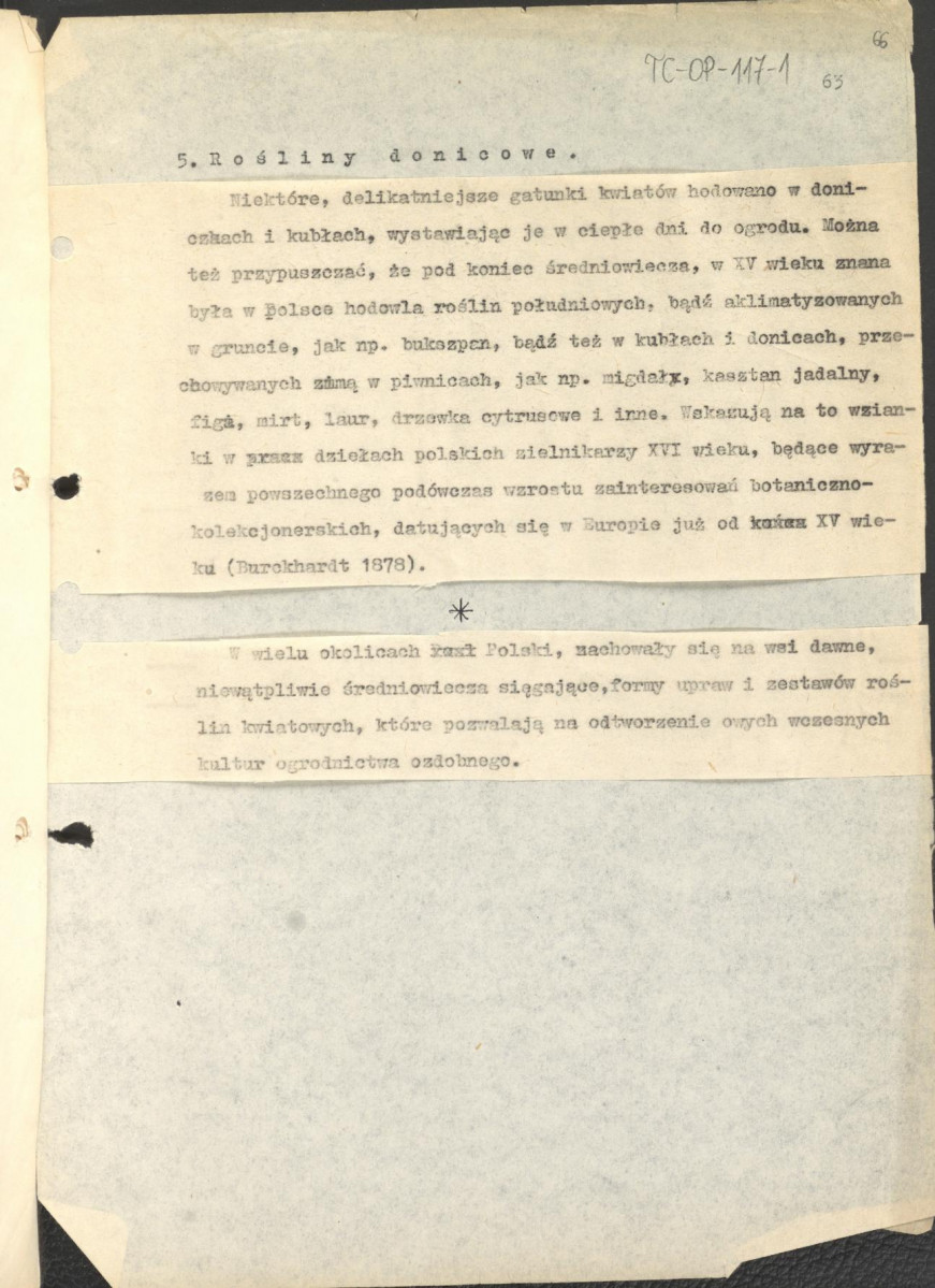 tekst (luźne strony), spójny materiał roboczy przeznaczony i wykorzystany w publikacji, pt.: "X wieków ogrodów polskich, część I - Średniowiecze X-XV w.", skan 65
