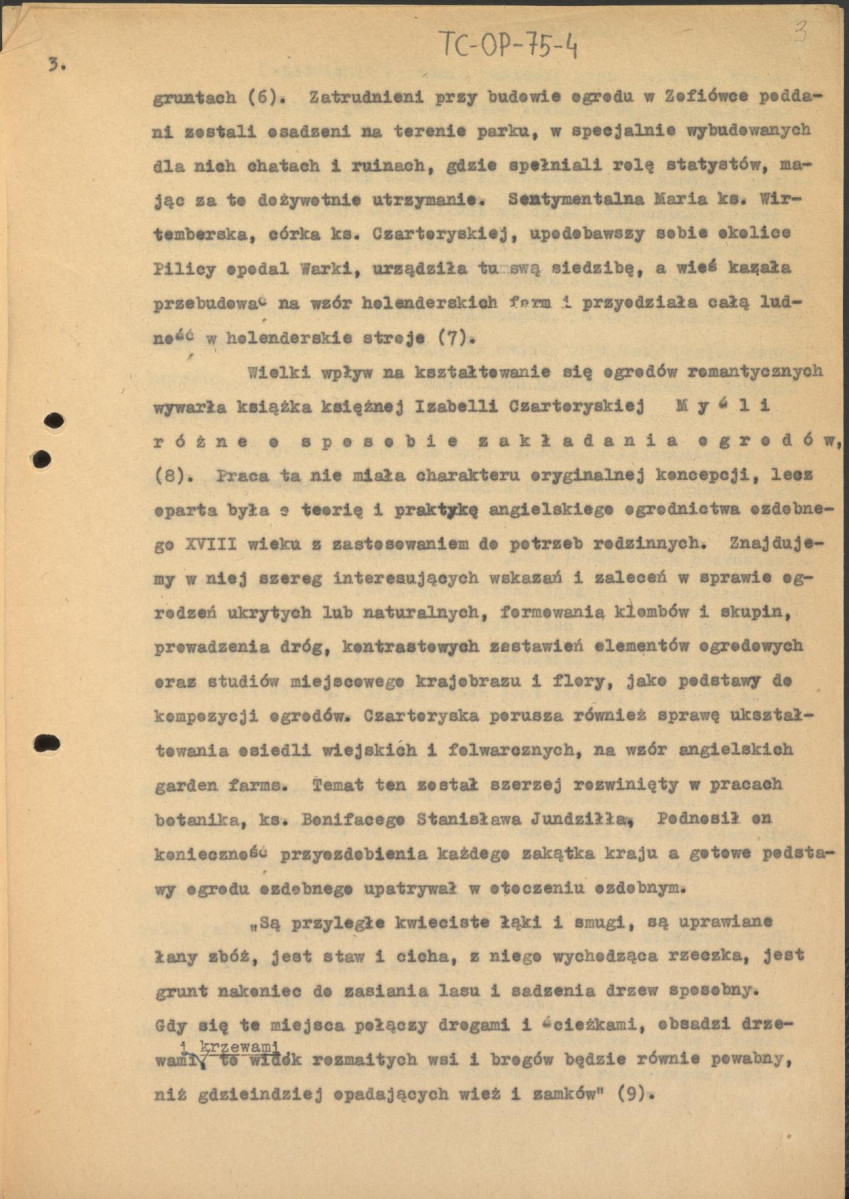 tekst, materiał roboczy do tematu w publikacji „Zarys historii kompozycji ogrodowej w Polsce” (wyd. 1955), początek rozdziału VI: „Ogrody romantyczne”, skan 3