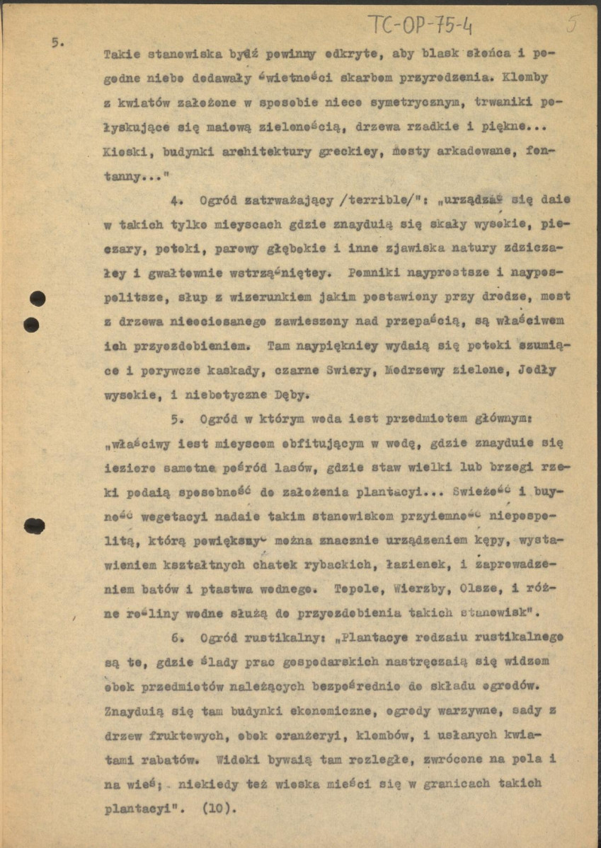 tekst, materiał roboczy do tematu w publikacji „Zarys historii kompozycji ogrodowej w Polsce” (wyd. 1955), początek rozdziału VI: „Ogrody romantyczne”, skan 5