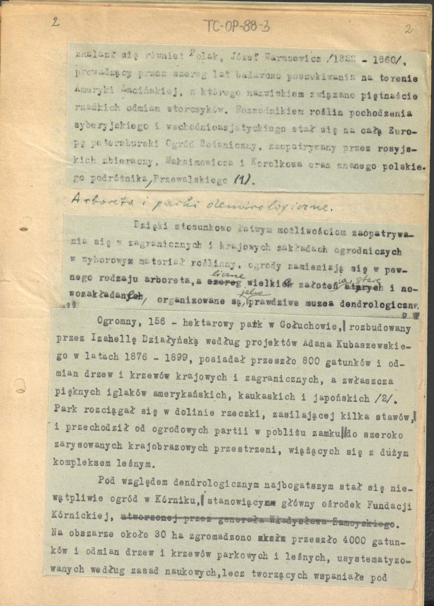 tekst, materiał roboczy do rozdziału VII "Naturalizm i eklektyzm XIX wieku" do wydawnictw: „Ogrody Polskie” i „Zarys historii kompozycji…”; kolejna wersja zmian, strony całe i karty z naklejonymi fragmentami tekstu, skan 2