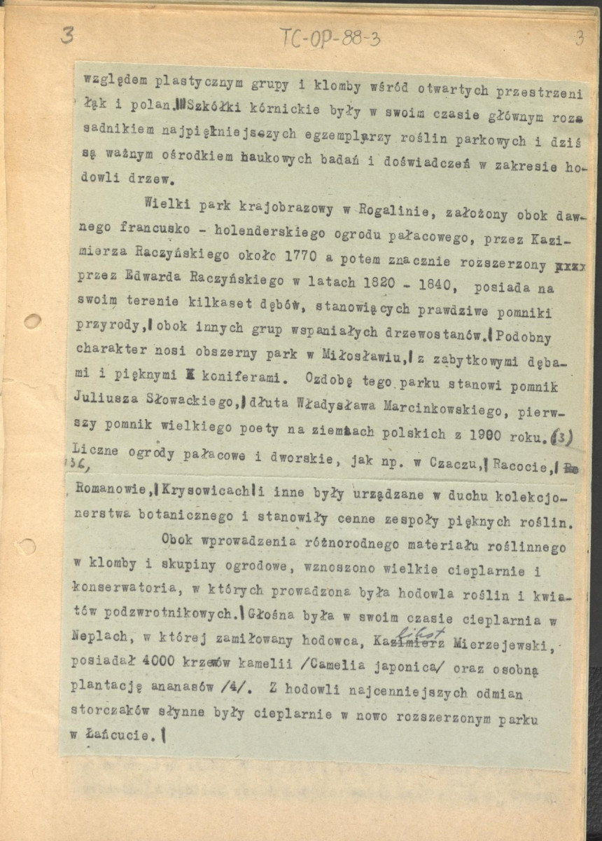 tekst, materiał roboczy do rozdziału VII "Naturalizm i eklektyzm XIX wieku" do wydawnictw: „Ogrody Polskie” i „Zarys historii kompozycji…”; kolejna wersja zmian, strony całe i karty z naklejonymi fragmentami tekstu, skan 3