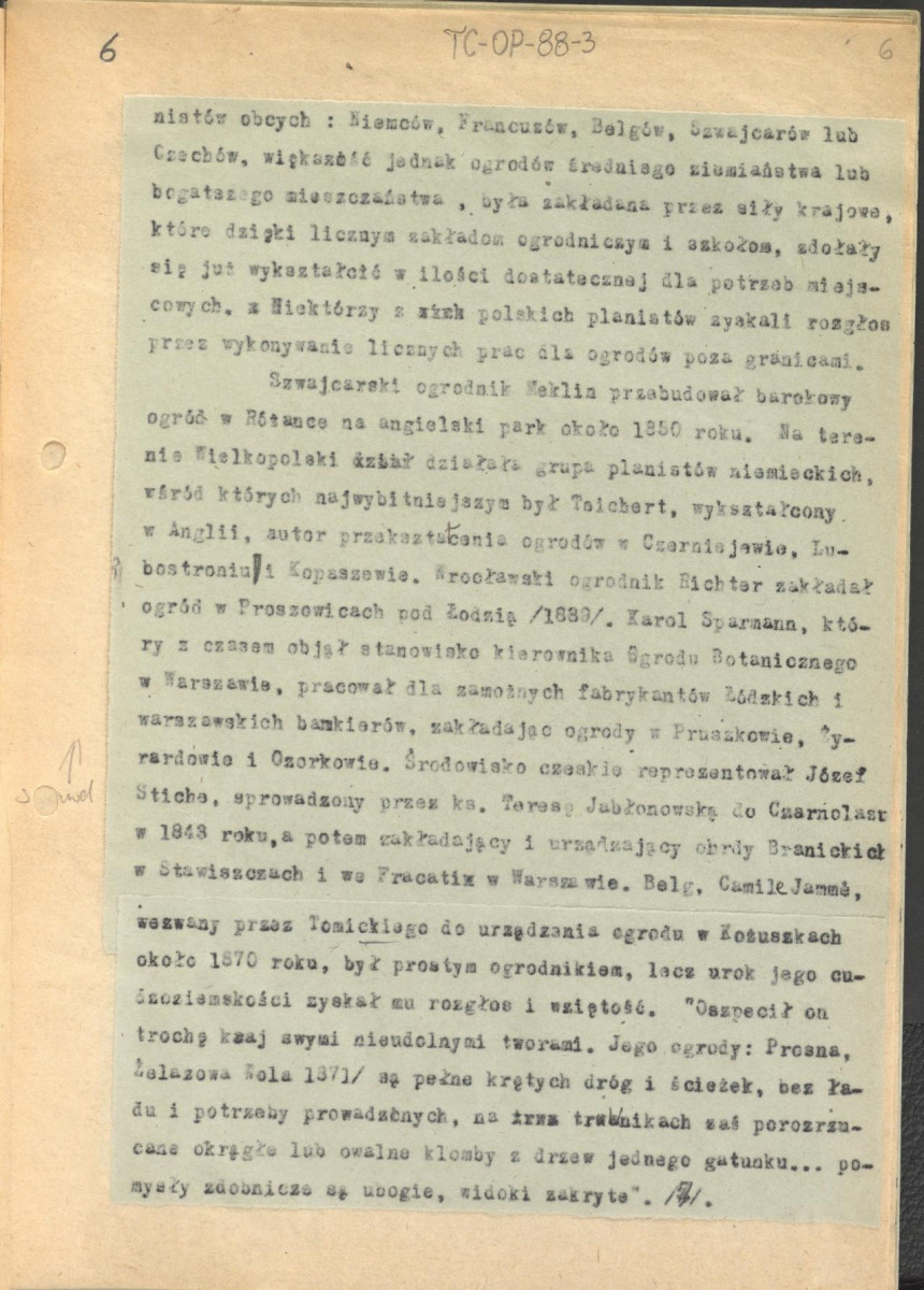 tekst, materiał roboczy do rozdziału VII "Naturalizm i eklektyzm XIX wieku" do wydawnictw: „Ogrody Polskie” i „Zarys historii kompozycji…”; kolejna wersja zmian, strony całe i karty z naklejonymi fragmentami tekstu, skan 6