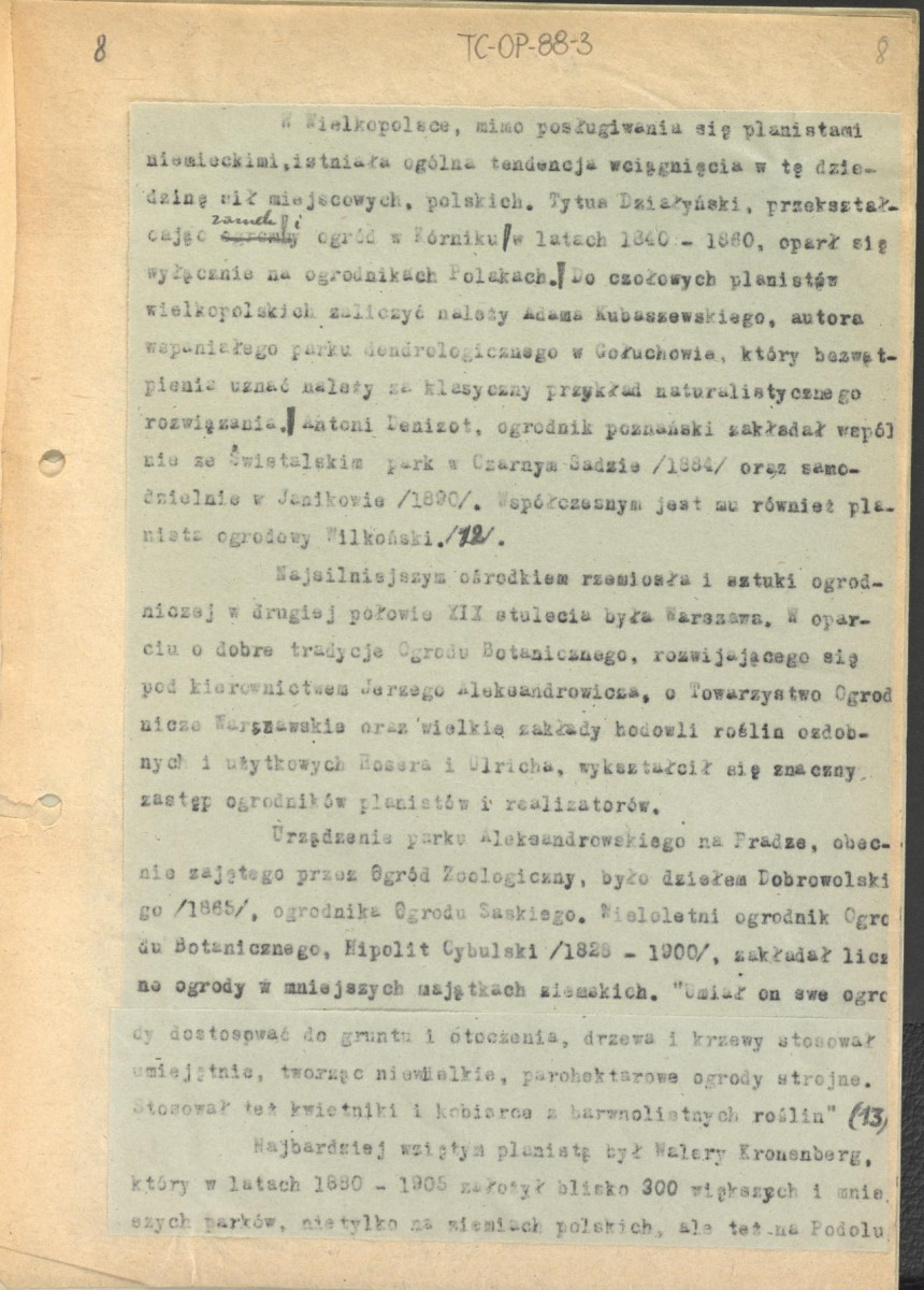 tekst, materiał roboczy do rozdziału VII "Naturalizm i eklektyzm XIX wieku" do wydawnictw: „Ogrody Polskie” i „Zarys historii kompozycji…”; kolejna wersja zmian, strony całe i karty z naklejonymi fragmentami tekstu, skan 8
