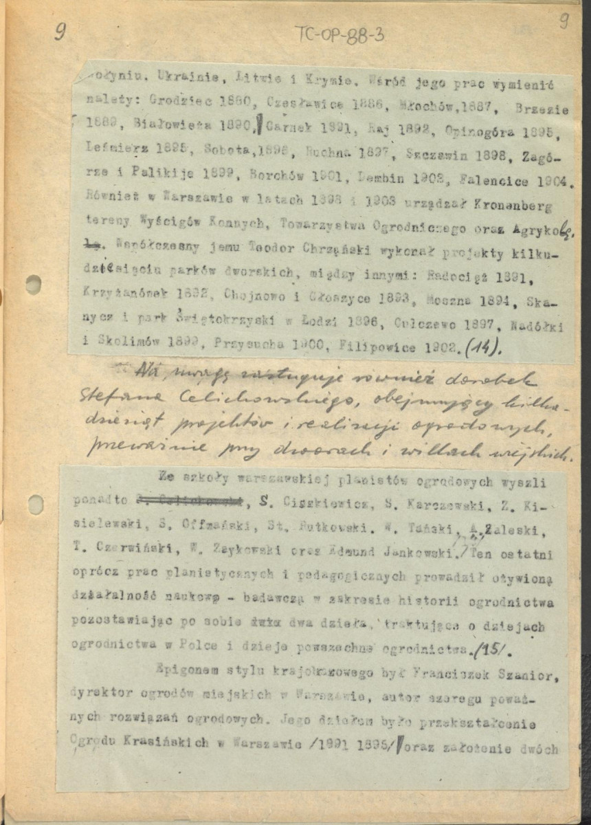 tekst, materiał roboczy do rozdziału VII "Naturalizm i eklektyzm XIX wieku" do wydawnictw: „Ogrody Polskie” i „Zarys historii kompozycji…”; kolejna wersja zmian, strony całe i karty z naklejonymi fragmentami tekstu, skan 9
