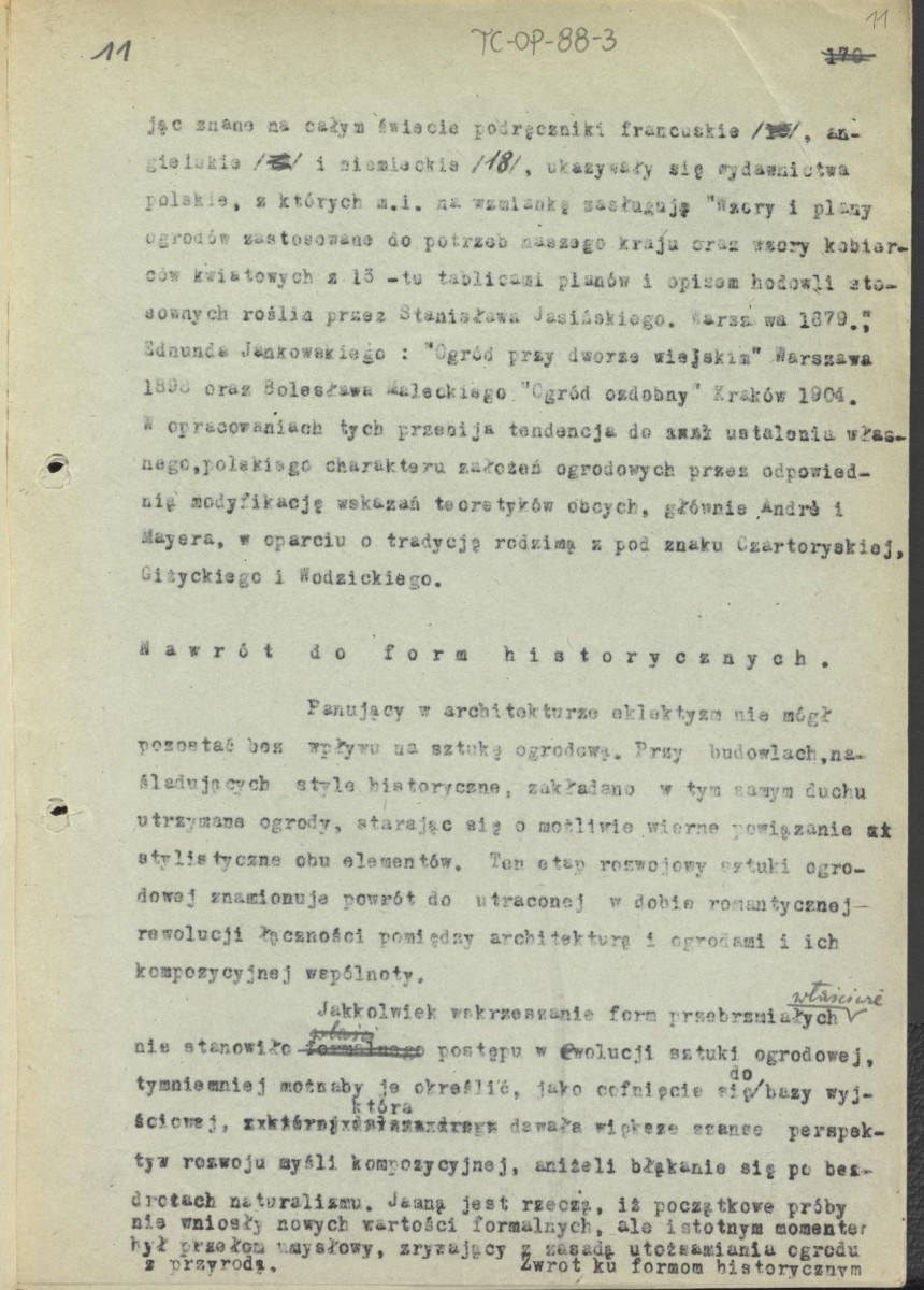 tekst, materiał roboczy do rozdziału VII "Naturalizm i eklektyzm XIX wieku" do wydawnictw: „Ogrody Polskie” i „Zarys historii kompozycji…”; kolejna wersja zmian, strony całe i karty z naklejonymi fragmentami tekstu, skan 11